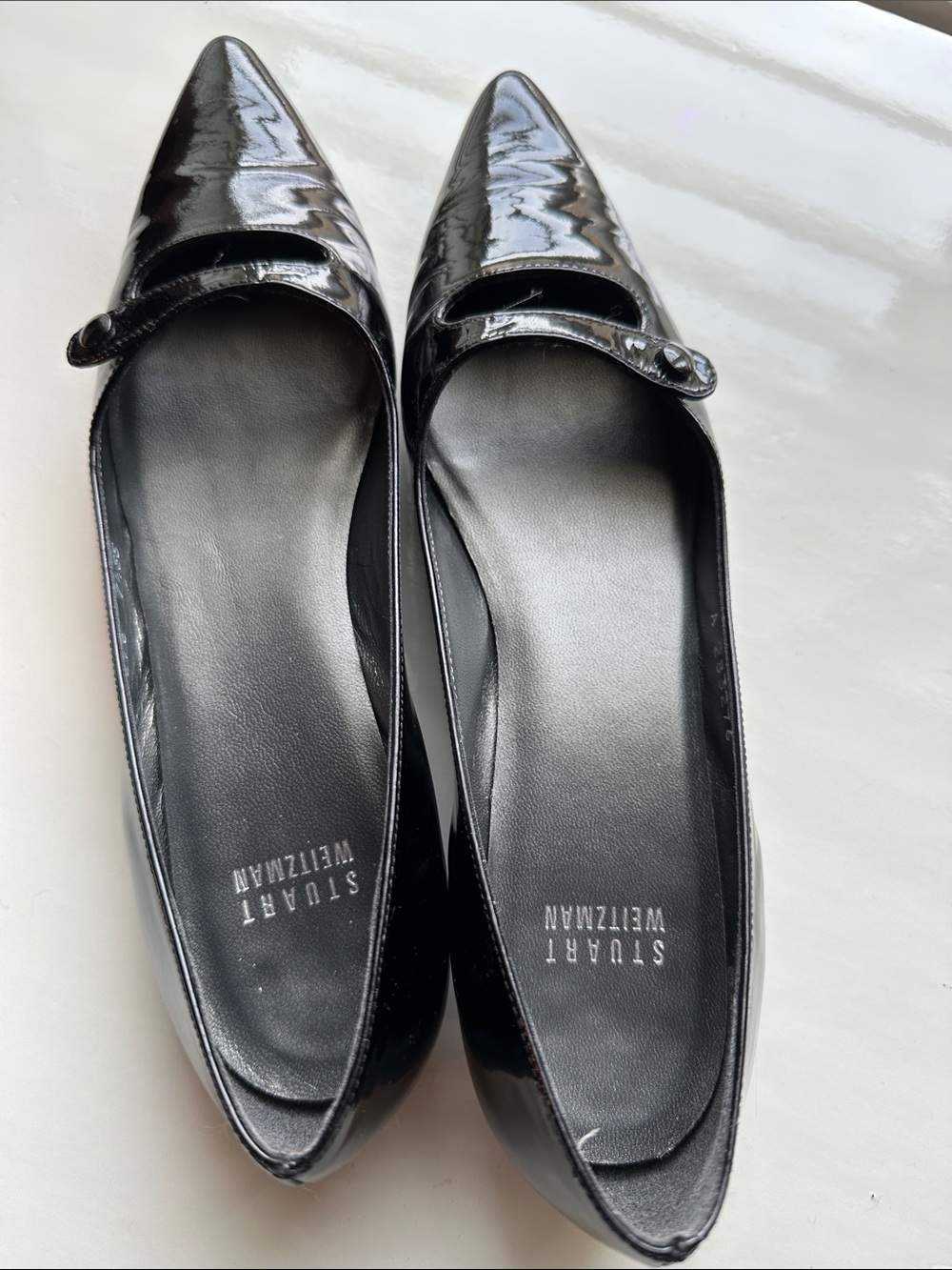 Stuart Weitzman Black Patent Mary Jane Pointed-Toe Flats